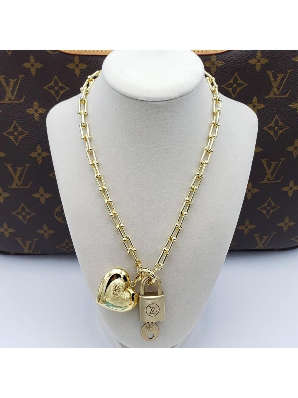 Authentic Louis Vuitton Gold Padlock with Unbranded 18k Gold Plated Necklace